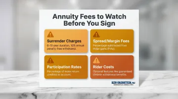 Annuity fee types comparison chart showing surrender charges spreads participation rates and rider costs