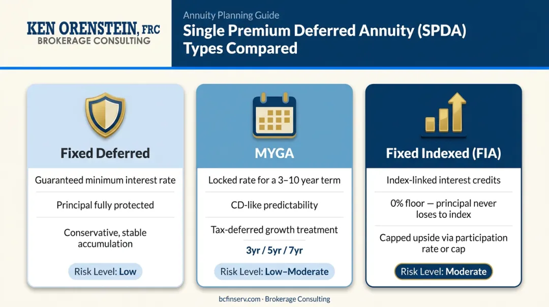 SPDA type comparison fixed deferred MYGA and fixed indexed annuity side by side