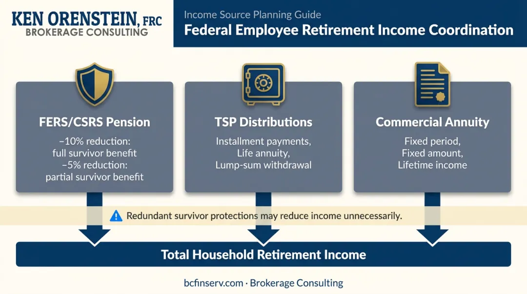 Federal employee retirement income coordination diagram showing FERS CSRS TSP and annuity interactions