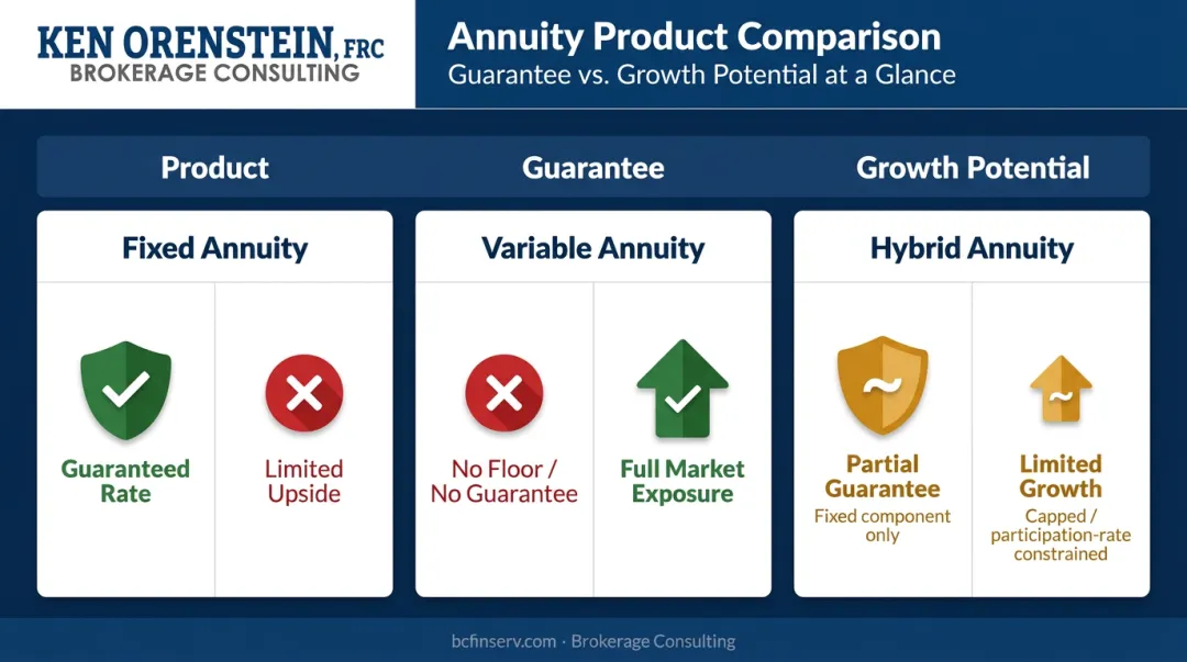 Fixed versus variable versus hybrid annuity guarantee and growth potential comparison