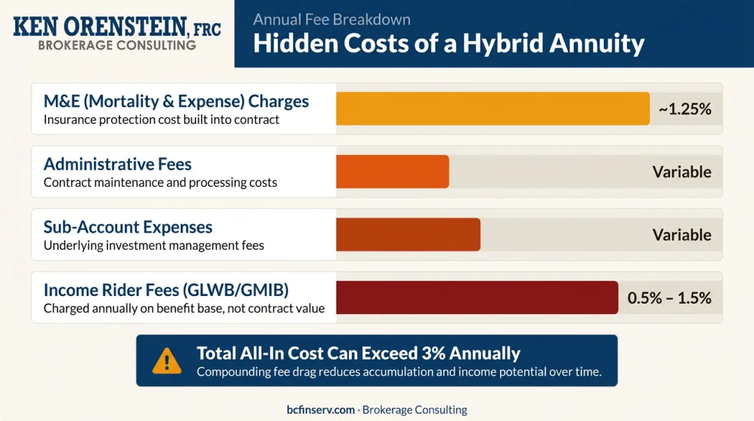 Hybrid annuity fee layers breakdown showing M&amp;E administrative sub-account and rider charges