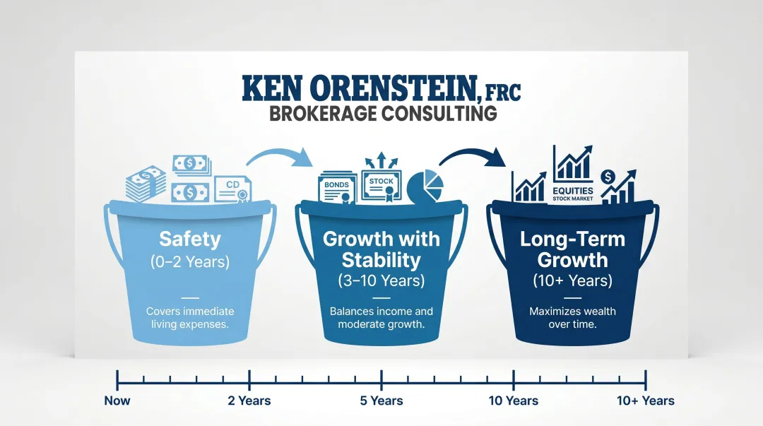Three-bucket retirement strategy timeline showing safety growth and long-term asset allocation