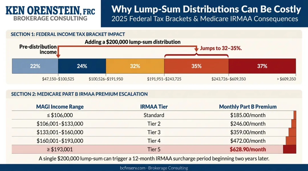 Lump sum annuity tax bracket risk and Medicare IRMAA surcharge impact infographic