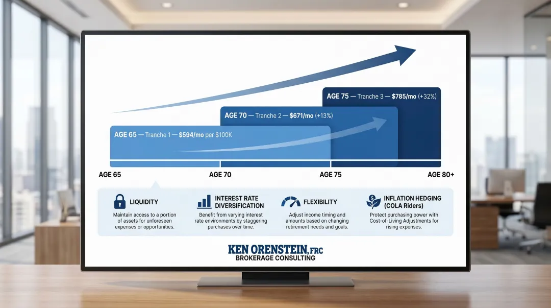 Annuity laddering strategy timeline showing three purchase tranches at ages 65 70 75