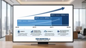 Annuity laddering strategy timeline showing three purchase tranches at ages 65 70 75