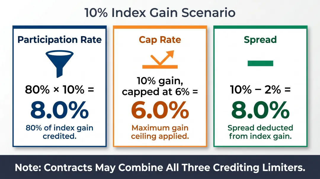 FIA crediting limiter comparison participation rate cap rate and spread side by side