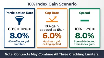 FIA crediting limiter comparison participation rate cap rate and spread side by side