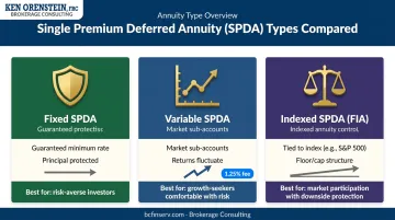 Three SPDA types fixed variable and indexed annuity comparison infographic