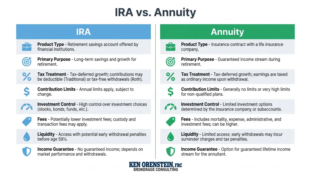 IRA versus annuity side-by-side feature comparison infographic chart