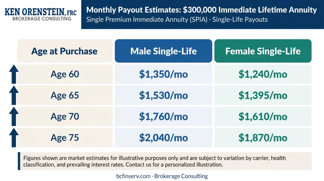 $300,000 immediate annuity monthly payout by age and gender comparison chart