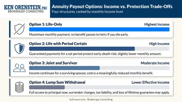 Four annuity payout options comparison showing income amount and survivor benefit tradeoffs