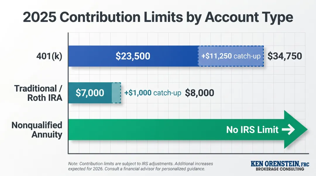 2025 retirement account contribution limits comparison 401k IRA versus annuity