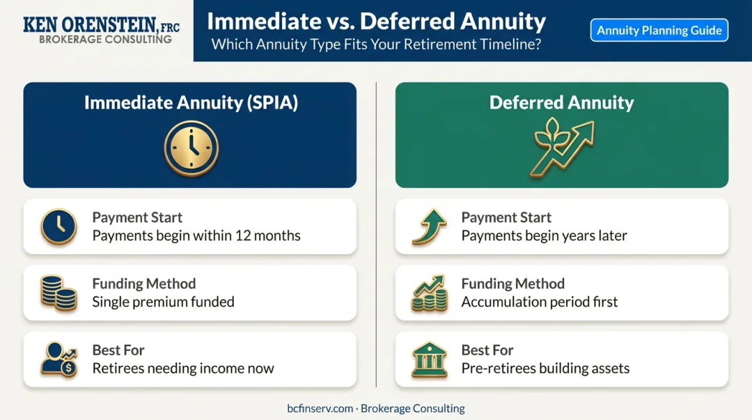 Immediate versus deferred annuity comparison table showing payment timing and ideal use cases