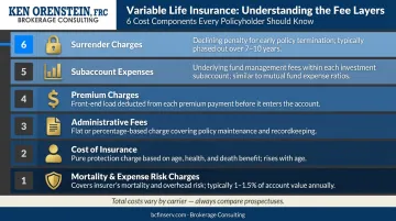 Variable life insurance fee layers breakdown showing six cost components
