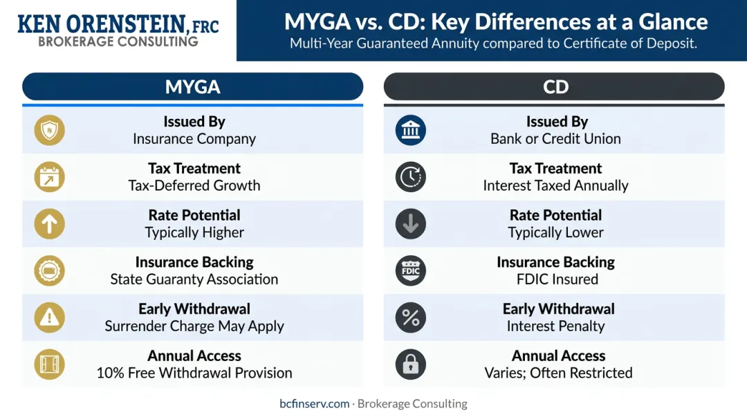 MYGA versus CD side-by-side comparison chart of key differences