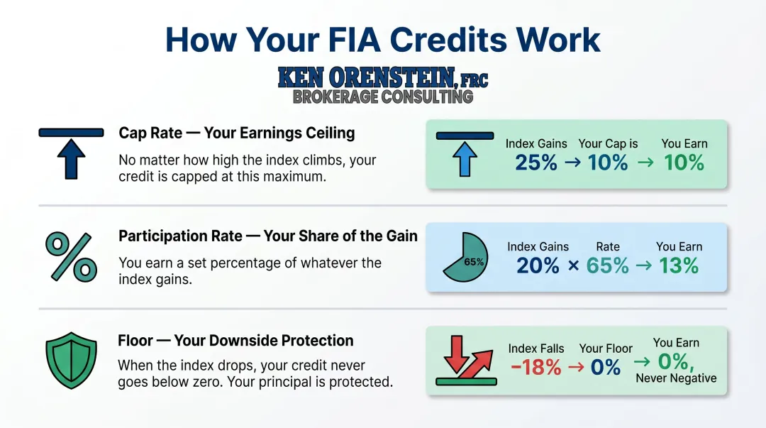 Fixed indexed annuity cap rate participation rate and floor mechanics explained