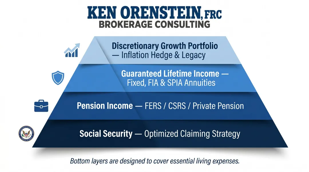 Four-layer crash-resilient retirement income plan structure from Social Security to growth portfolio