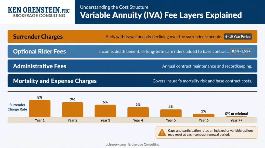 Indexed variable annuity fee layers and surrender charge schedule breakdown infographic