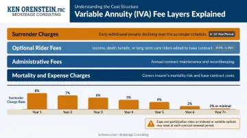 Indexed variable annuity fee layers and surrender charge schedule breakdown infographic