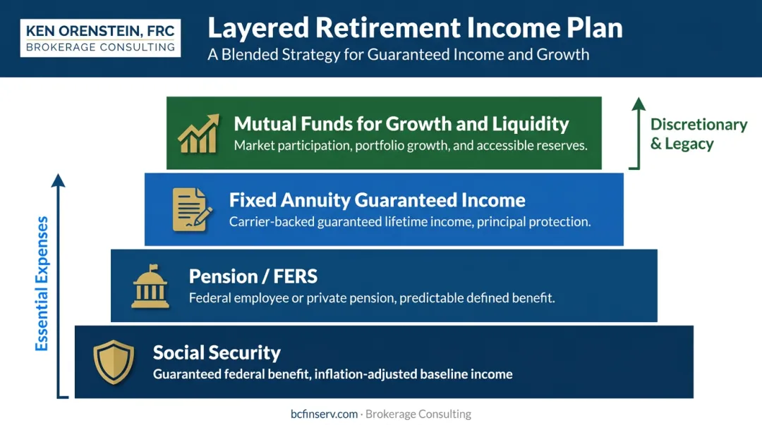 Layered retirement income strategy combining Social Security pension annuity and mutual funds