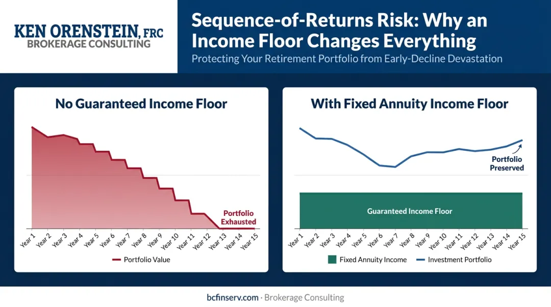 Sequence of returns risk illustration showing retirement portfolio decline with and without guaranteed income floor