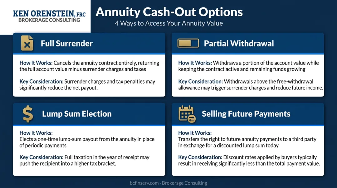 Four annuity cash-out options comparison infographic full surrender to 1035 exchange