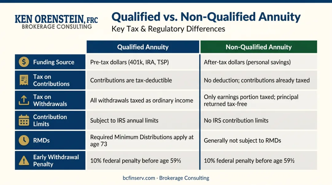 Qualified versus non-qualified annuity six-factor side-by-side comparison infographic