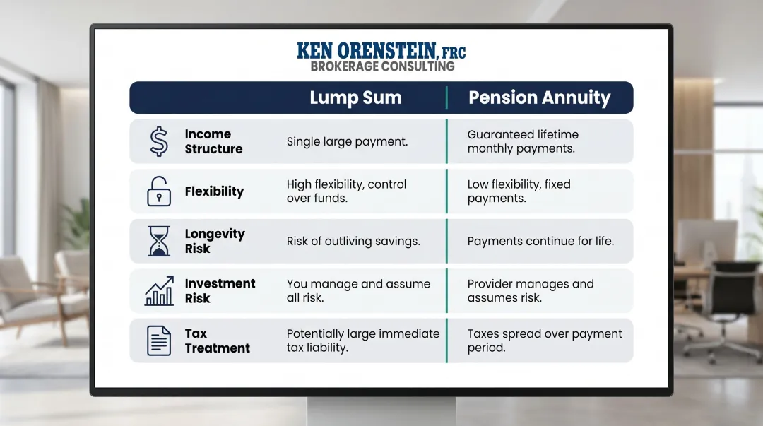 Lump sum versus pension annuity side-by-side comparison across five key retirement factors