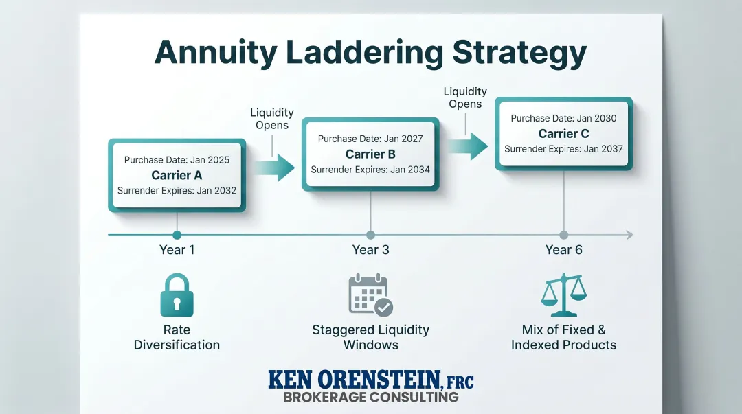 Annuity laddering strategy timeline showing staggered purchases across multiple carriers and dates