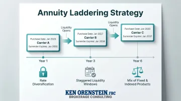 Annuity laddering strategy timeline showing staggered purchases across multiple carriers and dates