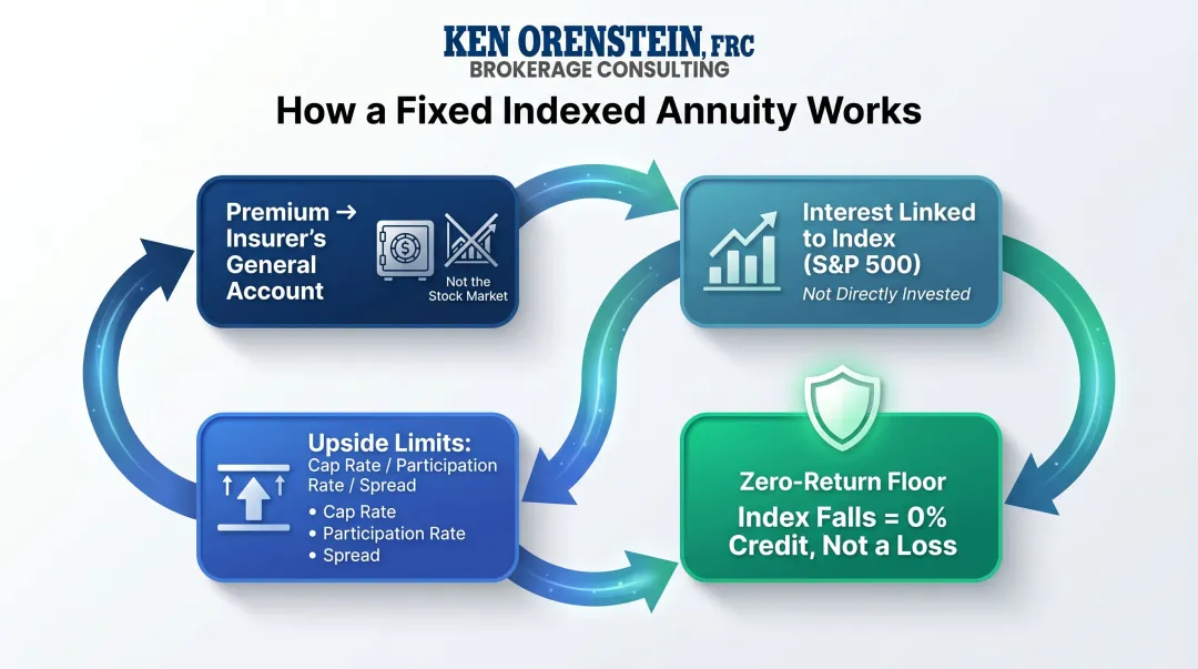 Fixed indexed annuity mechanics showing premium flow zero floor cap rate and upside limits