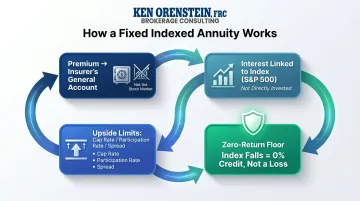 Fixed indexed annuity mechanics showing premium flow zero floor cap rate and upside limits