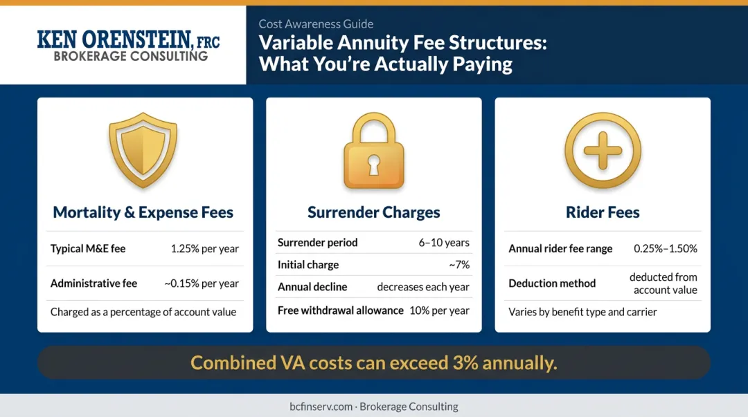 Three annuity fee types comparison showing M&amp;E rider and surrender charge costs