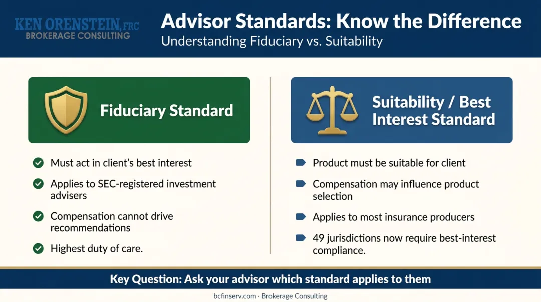 Fiduciary versus suitability advisor standard two-column comparison for annuity buyers