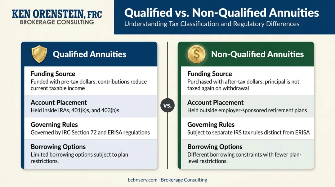 Qualified versus non-qualified annuity types comparison infographic with tax rules