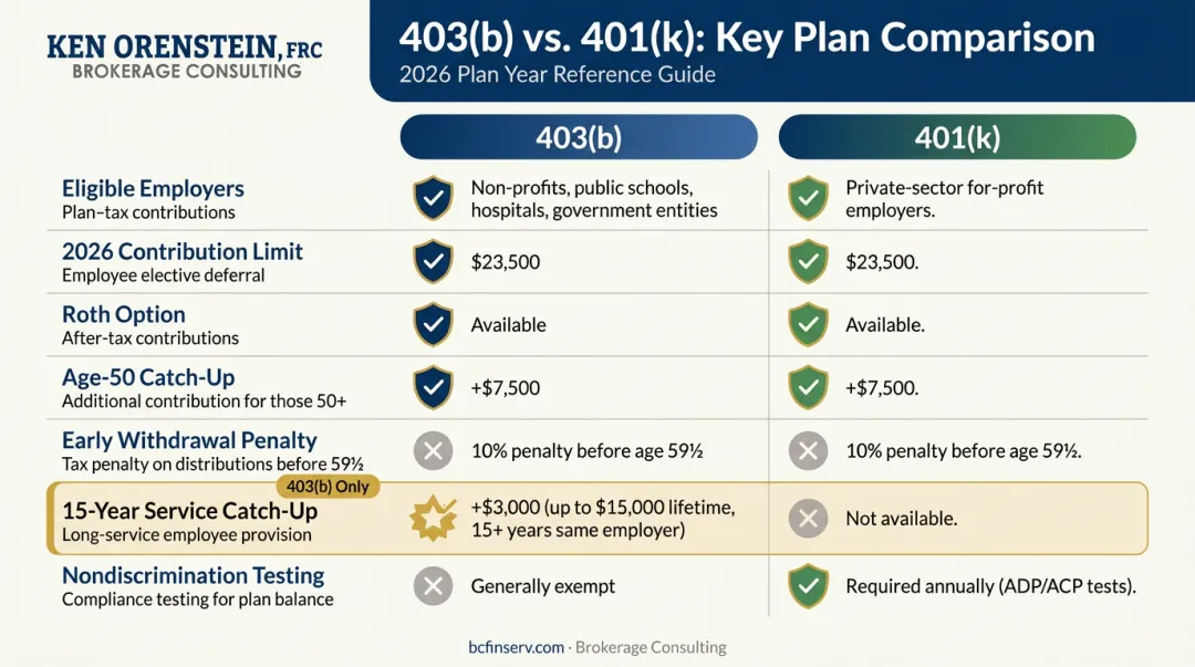 403b versus 401k retirement plan side-by-side feature comparison infographic