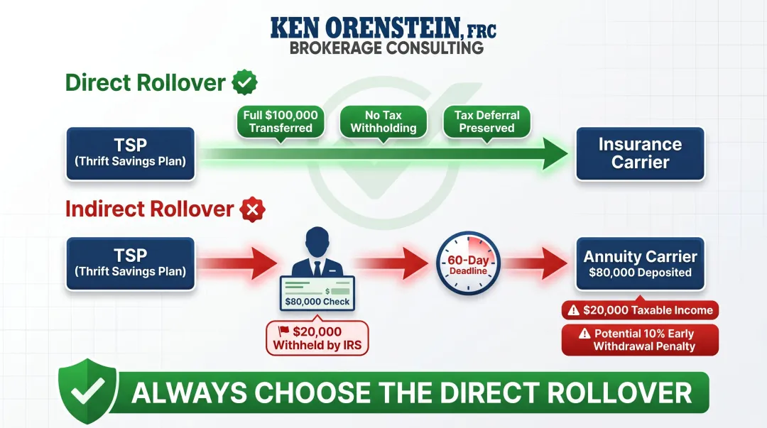 Direct rollover versus indirect rollover tax consequence comparison with dollar example