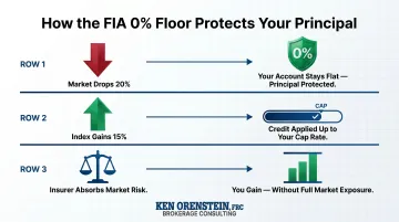 Fixed indexed annuity 0% floor protection mechanism three-scenario comparison infographic