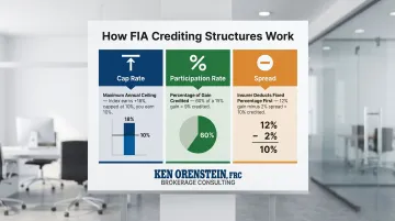 FIA crediting structures cap rate participation rate and spread comparison table infographic