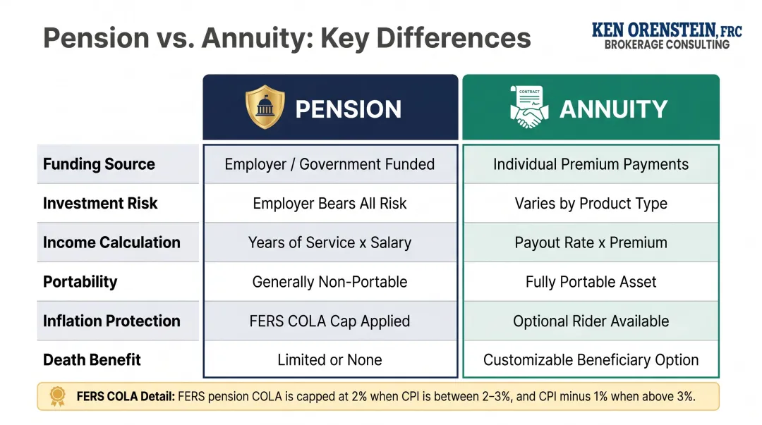 Pension versus annuity side-by-side feature comparison infographic chart
