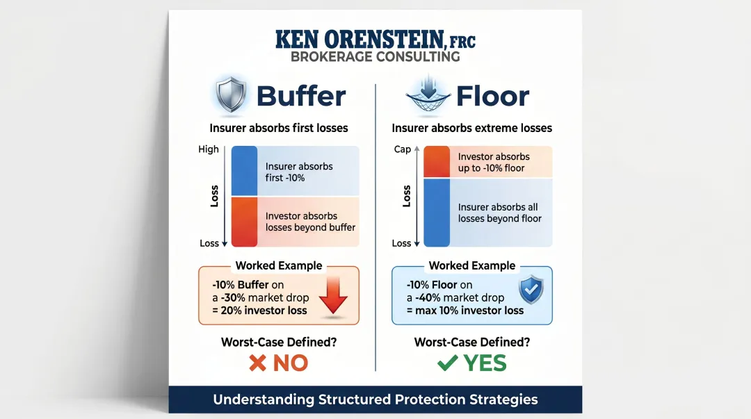 Buffer versus floor RILA downside protection comparison side-by-side infographic