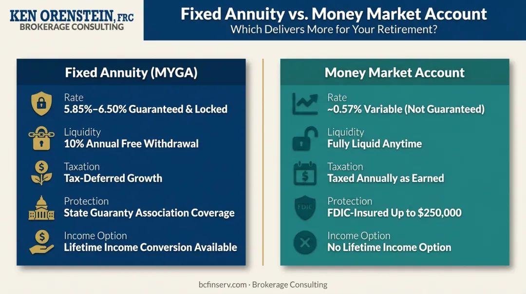 Fixed annuity versus money market account side-by-side feature comparison infographic