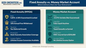Fixed annuity versus money market account side-by-side feature comparison infographic