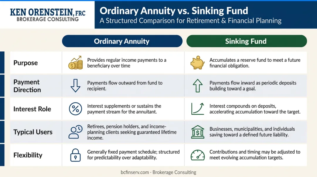 Ordinary annuity versus sinking fund five-dimension comparison infographic