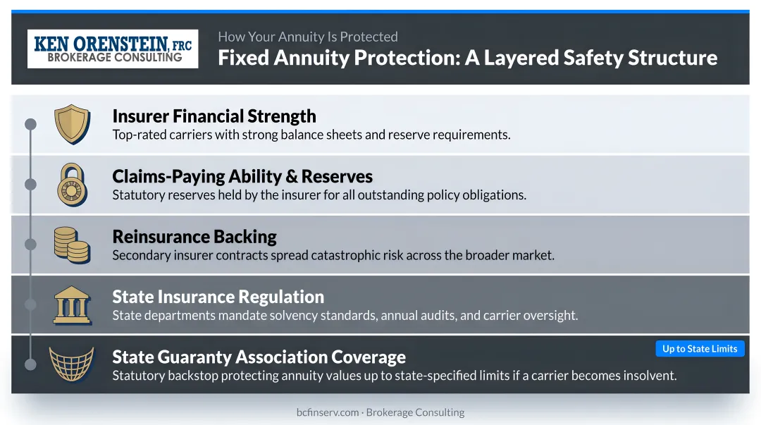 Fixed annuity layered protection structure from insurer strength to state guaranty associations