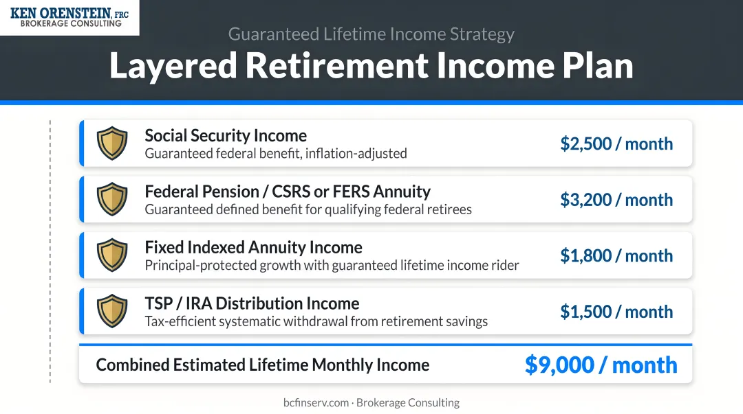 Retired federal employee couple reviewing layered retirement income plan with financial advisor