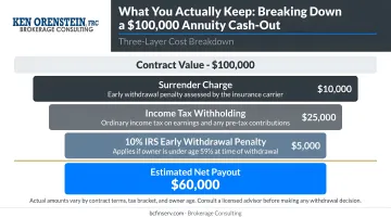 Three-layer annuity cash-out cost breakdown showing net payout from 100000 contract