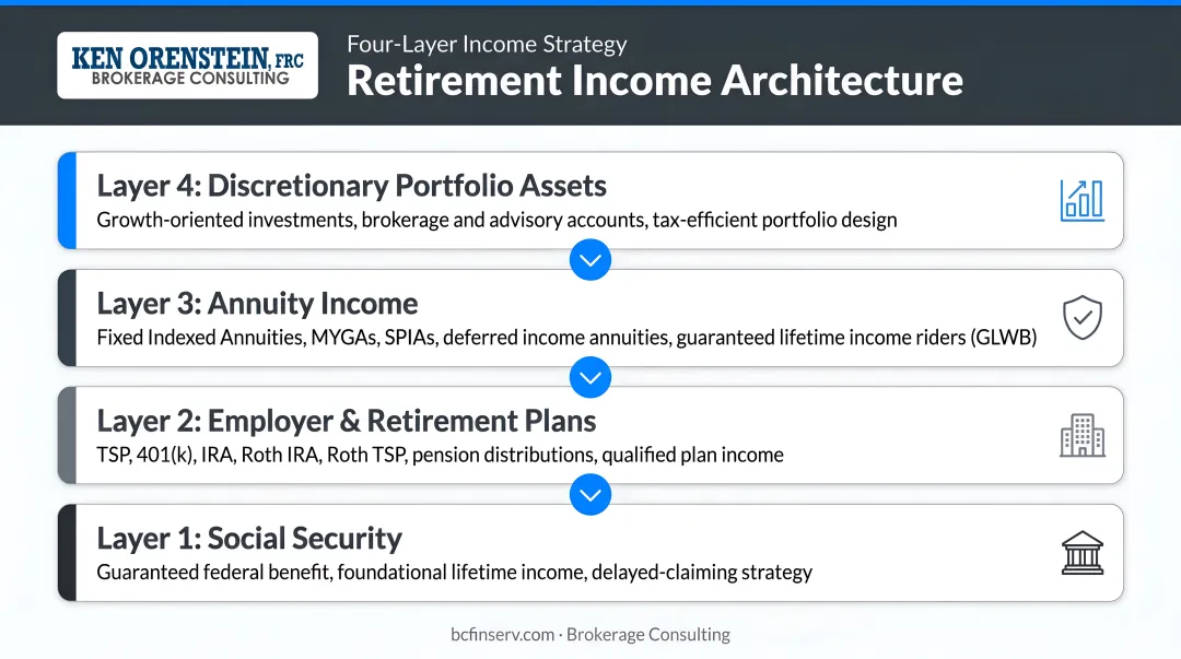 Four-layer retirement income architecture from Social Security to discretionary portfolio assets
