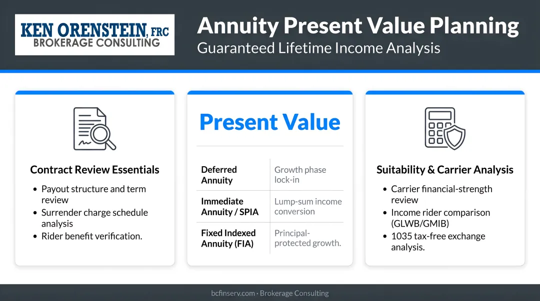 Financial advisor and pre-retiree reviewing annuity contract documents and present value calculations
