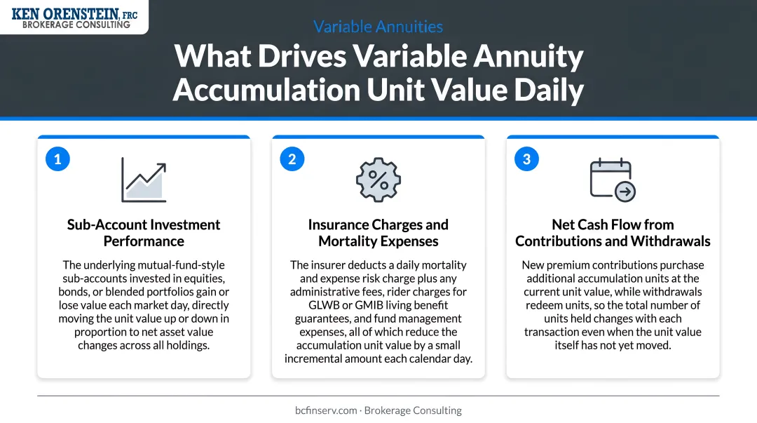 Three forces driving variable annuity accumulation unit value changes daily